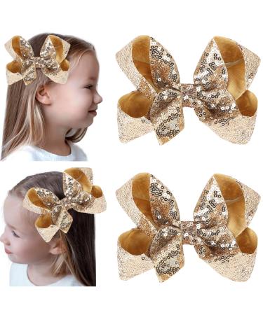 2 PCS 6 Inches Sequins Large Bows Alligator Hair Clip Hair Barrettes Accessories for Women Teens Girls Kids (Gold)