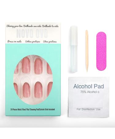 Novo Ovo Medium-Length Oval Almond Dark Pink & Gold Glitter French Tip Press-On Nails | Chrome Artificial Fingernails | Easy Sticking with Glue - Buy Online on GoSupps.com