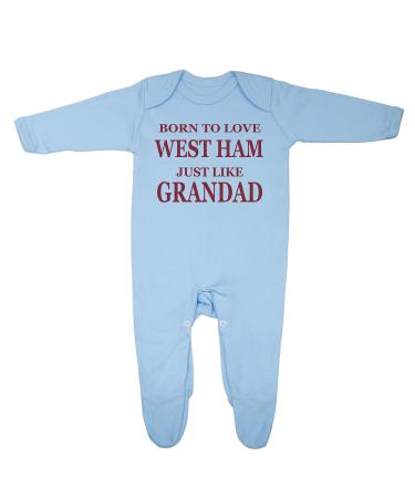 'Born To Love West Ham Just Like Grandad' Baby Boy Girl Sleepsuit Designed and Printed in the UK Using 100% Fine Combed Cotton 0-3 Months Blue
