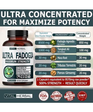 Ultra Fadogia Agrestis 10:1 Extract with Tongkat Ali Capsules - Maximum Strength Energy and Muscle Booster - 9570mg Equivalent - with Ginseng, Maca Root, Tribulus - 90 Count - Buy Online on GoSupps.com