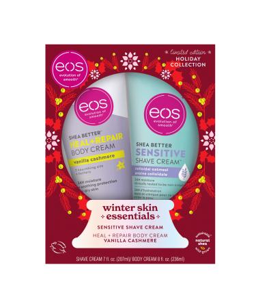 eos Limited Edition Holiday Body Collection Winter Skin Essentials Gift Set Sensitive Shave Cream & Vanilla Cashmere Body Cream 24-Hour Hydration 2-Pack