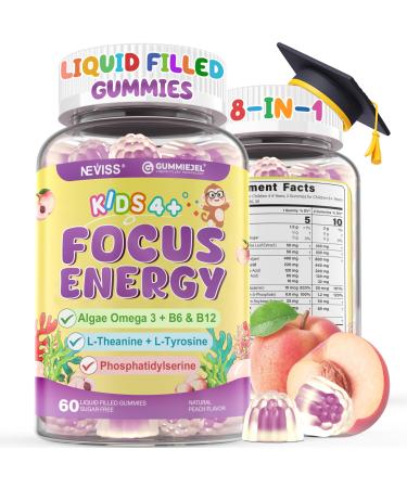 Kids Focus Gummies - Brain Supplements with Vegan Omega 3 DHA Phosphatidylserine L-Theanine L-Tyrosine Methylated B6 & B12 for Kids & Teen Support Attention Memory Nootropic Sugar Free 60cts