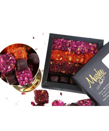 Mughe Gourmet Luxury Turkish Delight Assorted 360g (13Oz) 25 pc.- 4 Varieties: Dark Chocolate Rose Saffron Zereshk with Pomegranate Flavor - Prestigious Lokum Gift Box - Perfect for Special Days