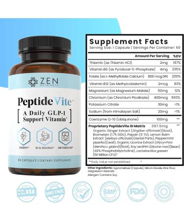 Zen Nutrients PeptideVite GLP-1 Support Capsules for Nausea Relief & Insulin Health - 60 Capsules - Buy Online on GoSupps.com