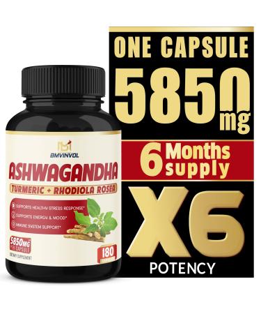 (6 Months Supply) Ashwagandha Extract Capsules 5850 mg- 180 Capsules - Mood & Immune Support with St.John's Wort, Turmeric, Rhodiola Rosea Extract