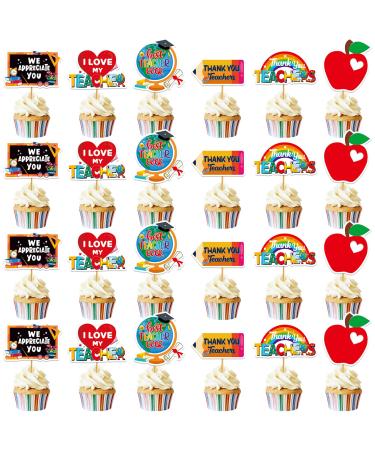 24Pcs Thank You Teacher Cupcake Toppers Thank You Cupcake Toppers Teacher Appreciation Decorations for Teachers Day Party Decorations
