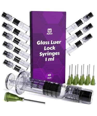MyMed 10 Pack Borosilicate Glass Luer Lock Syringe 1ml Capacity Reusable Glass Syringes - Use for Arts and Crafts, Thick Liquids, Oils, Vet, Glue, Lab, Ink with 10GA Blunt Tip Pet Safe Needles