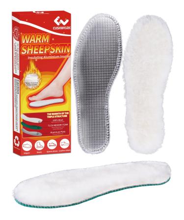 Women's Warm Sheepskin Insoles Thick and Warm Soft Cozy Wool Insole Fluffy Fleece Replacement for Shoes Boots Slippers Thermic Reflective Aluminum Sole Keep Warm and Dry-D D(8 M US Women)--256mm White