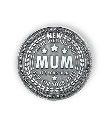 Premium Solid Brass Metal New Parent Decision Coin | Funny Gift for Parents of Newborn Baby | Mum Mummys Turn Dad Daddys Turn | Antique Silver Colour Flip Coin | First Time Parents Baby Shower Present