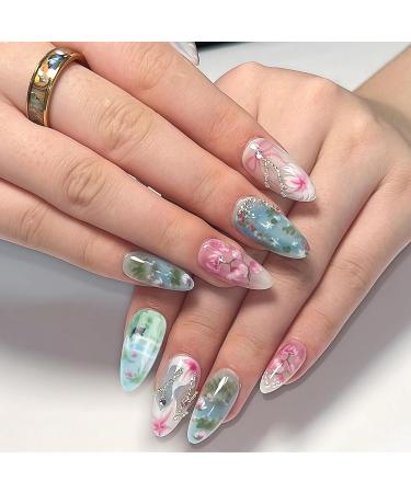 Buy BABALAL Almond Press on Nails - Medium Blue Green Acrylic Stiletto Nails with Cute Cat Flower Design - 24Pcs Handmade Glue on False Nails - Buy Online on GoSupps.com