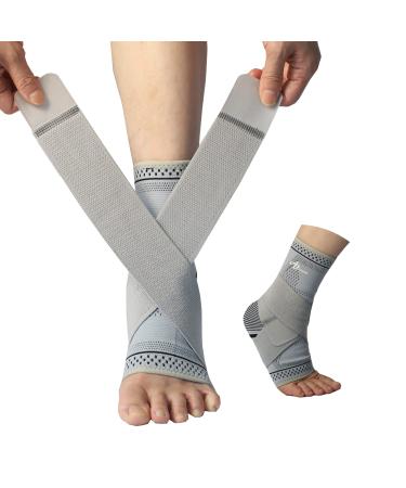 ABIRAM Foot Sleeve (Pair) with Compression Wrap Ankle Brace For Arch Ankle Support Football Basketball Volleyball Running For Sprained Foot Tendonitis Plantar Fasciitis Gray Large