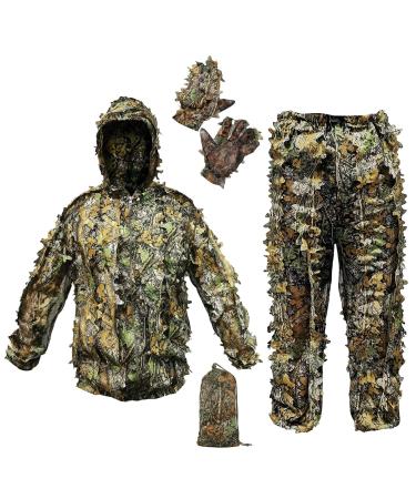ANYDKE Ghillie Suit Camouflage Hunting Suits Outdoor 3D Leaf Lifelike Camo Clothing Lightweight Breathable Hooded Apparel Suit for Jungle Shooting Airsoft Woodland Photography or Halloween Fit tall 5.9-6.2ft