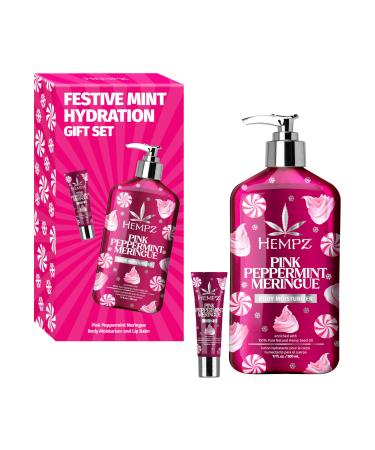 Hempz Festive Mint Hydration Pink Peppermint Meringue Gift Set Body Loton and Lip Balm Duo Limited Edition 17 oz and .44 oz