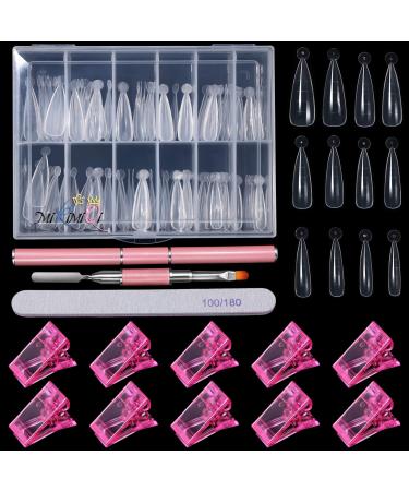 MIKIMIQI Dual Nail Forms Set Poly Gel Quick Building Nail Kit, 120Pcs Stiletto Gel Nail Molds 10Pcs Pink Acrylic Nail Tips Clips 1Pc Dual-Ended Poly Extension Gel Brush Nail File for Polygel Extension