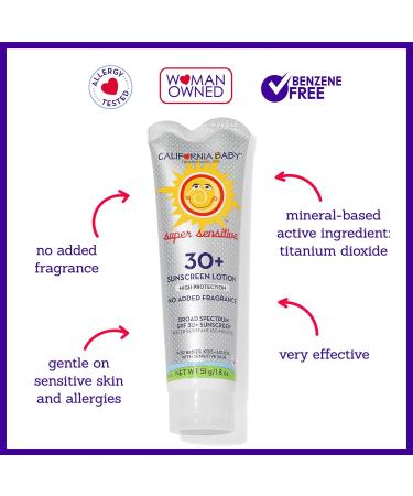 California Baby Super Sensitive SPF 30+ Sunscreen - Broad Spectrum Hypoallergenic Mineral Sunscreen | Titanium Dioxide | Unscented | 51g / 1.8oz - International Shipping Available - Buy Online on GoSupps.com