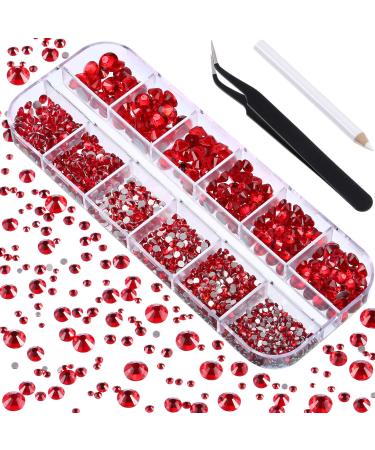 2000 Pieces Flat Back Gems Rhinestones 6 Sizes (1.5-6 Mm) Round Crystal Rhinestones with Pick up Tweezer and Rhinestones Picking Pen for Crafts Nail Clothes Shoes Bags DIY Art(Red)