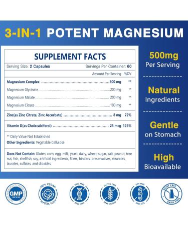 Magnesium Complex 500mg Magnesium Glycinate Malate & Citrate - High Absorption Chelated Triple Magnesium Supplement with Zinc Vitamin D3 for Muscle Nerve Bone & Immune Support Vegan 120 Capsules 120 Count (Pack of 1) - Buy Online on GoSupps.com
