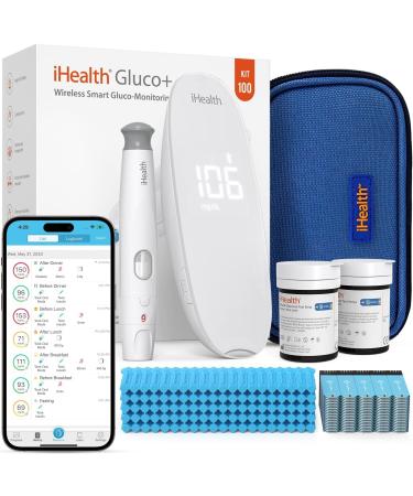 iHealth Gluco+ Wireless Smart Blood Glucose Monitor Kit with Free App 100 Glucometer Strips 100 Lancets 1 Blood Sugar Monitor 1 Lancing Device Portable Diabetes Testing Kit for Home Use BG5S100