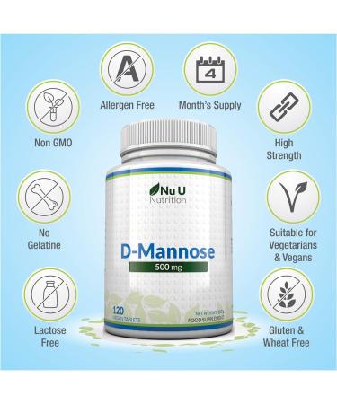 D-Mannose 500mg Tablets - 120 Vegan Tablets - 4 Month Supply - High Strength - Made in UK - Buy Online on GoSupps.com