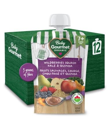 Baby Gourmet Organic Fruit & Veggie PLUS Puree Baby Food Pouches Wildberries Rhubarb Kale & Quinoa - No Added Sugar Or Salt Non GMO No Fillers Gluten Free Peanut Free - (128ml) 12 Pouches Peanut 128