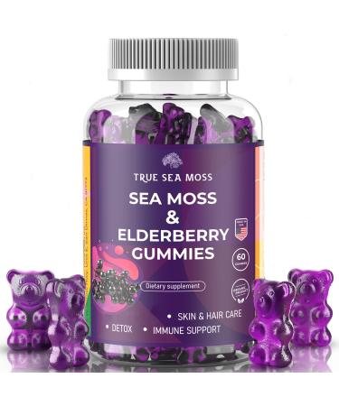 Organic Sea Moss Gummies with Elderberry  Contains Irish Sea Moss  Elderberry Extract  Burdock Root  Bladderwrack  60 pcs Seamoss Gel Gummies for Thyroid  Immune Support  Energy  Pack of 1 Moss 60 Count (Pack of 1)