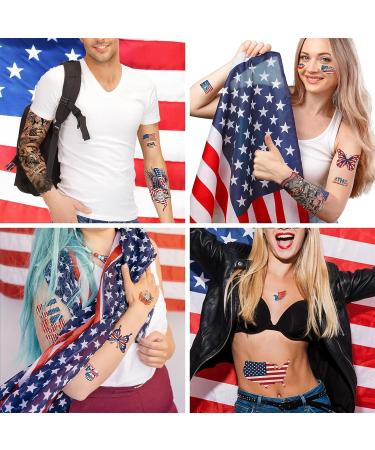 RainFlower 4th of July Temporary Tattoo - USA Flag Independence Day Full Arm Sleeve for Adults & Kids - Blue, Red, White Fake Tattoos - Buy Online on GoSupps.com