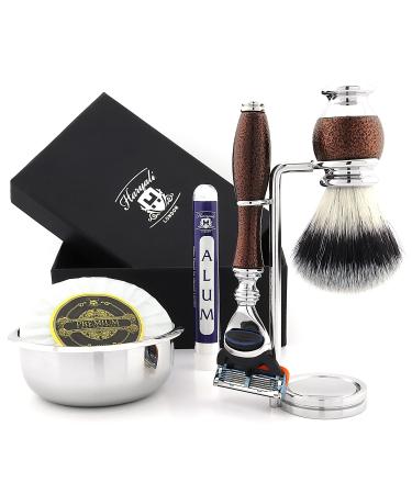 6 Pc Mens Shaving Kit 5 Edge Razor With Synthetic Badger Hair Shaving Brush Stand Soap Bowl and Alum Perfect Set For Men