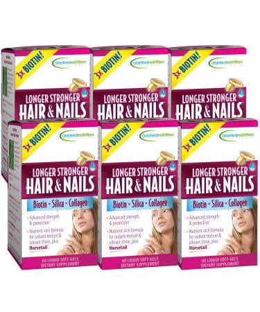 Applied Nutrition Longer Stronger Hair & Nails - 60 Liquid Soft-Gels, Pack of 6 - Biotin, Silica & Collagen - 180 Servings