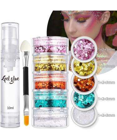  Beliky Girl 5 colors of face and body glitter holographic glitter for face nails art lip makeup and shine with a double-ended brush and a bottle of gel - Buy Online on GoSupps.com
