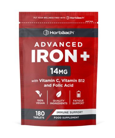 Iron Tablets High Strength | Iron Complex with Vitamin C Folic Acid & Vitamin B12 | Supplement for Men & Women | 180 Vegan Tablets | by Horbaach