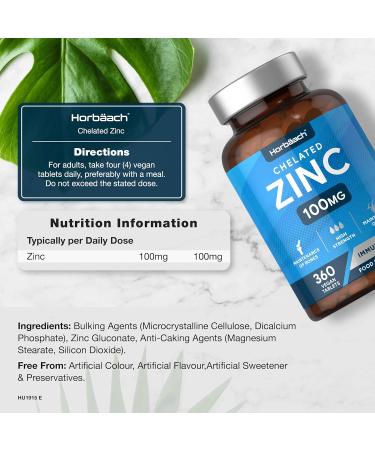 Zinc Tablets 100mg | High Strength Chelated Zinc Supplements | 360 Vegan Tablets | by Horbaach - Buy Online on GoSupps.com