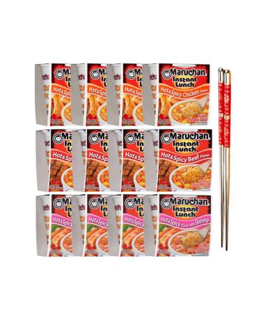 Ja Cor Instant Lunch Ramen Noodle Soup Hot and Spicy Cup Noodles 3 Flavors: Chicken Beef Shrimp 2.25 oz Pack Bundle with 1-Set of Reusable Stainless Steel Chopsticks(4 Each Flavor 12 Packs)