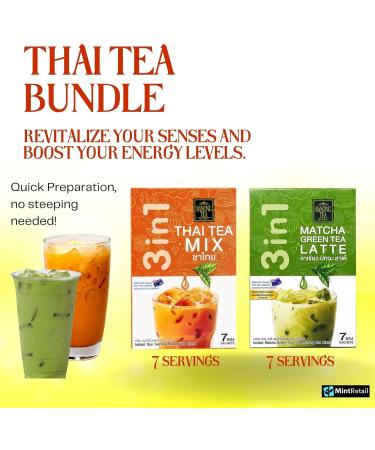 Thai Milk Tea Bundle - 14 Sachets with Ranong 3 in 1 Instant Thai Tea Mix and Ranong Matcha Green Tea Latte Instant Mix Including Mint Retail Boba Tea Straws - Buy Online on GoSupps.com