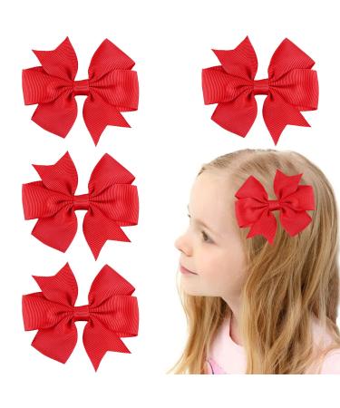 BLMHTWO 4PCS Ribbon Hair Bows Clips  3.2inch Solid Color Red Hair Bow Clips Grosgrain Alligator Hair Clips Red Bows Barrettes Clips for Women Girls School Cheerleading (Red)
