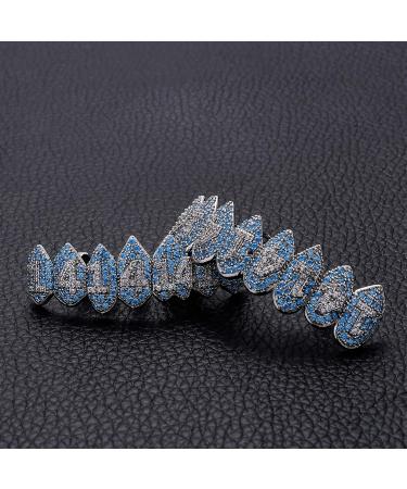 Hip Hop Blue Zircon Teeth Grillz Top Bottom Tooth Cap Decor Dental Grills for Unisex Rapper Jewelry Silver lower teeth - Buy Online on GoSupps.com