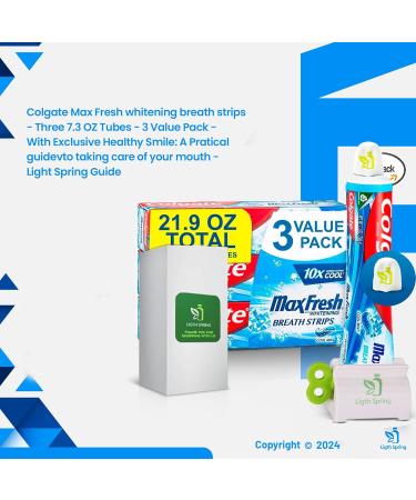 Max Fresh Whitening Toothpaste with Mini Breath Strips - Cool Mint 3 Large Tubes (21.9 oz) + Bonus Gift Set: Toothpaste Squeezer & No-Mess Caps - International Shipping Available - Buy Online on GoSupps.com