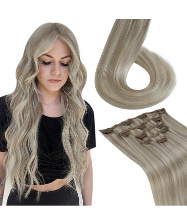 Laavoo 55cm Real hair Extensions clip in highlight blonde extensions real hair clip double tresse hair extension real hair clip golden blond midblond 105g 7pcs #16/25 55cm-101 #16/22