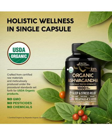 Ashwagandha Supplements 1800mg - USDA Organic Ashwagandha for Women & Men - Clinically Effective Strength for Stress Relief & Sleep - Powder & Root Extract 2.5% Withanolides - Made in USA 100 Capsules - Buy Online on GoSupps.com