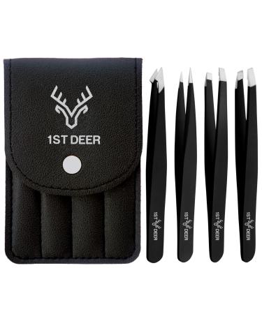 1st Deer Precision Tweezers - Professional Stainless Steel Tweezer Set with Carry Pouch - Ingrown Hair Remover for Women & Men Black