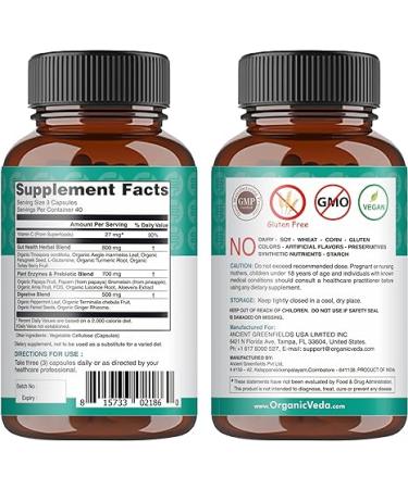 Organic Veda Gut Health Supplement - Leaky Gut Repair Capsules with Papaya Digestive Enzymes Prebiotics L-Glutamine Turmeric - Support Bowel Movement & Cleanse Colon - 120 Count - Buy Online on GoSupps.com