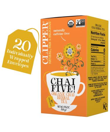 Clipper Tea Organic Chai Herbal Tea, Chai Five - USDA Organic, Non-GMO, Caffeine Free Tea, 1 Pack, 20 Unbleached Tea Bags Chai Five 20 Count (Pack of 1)