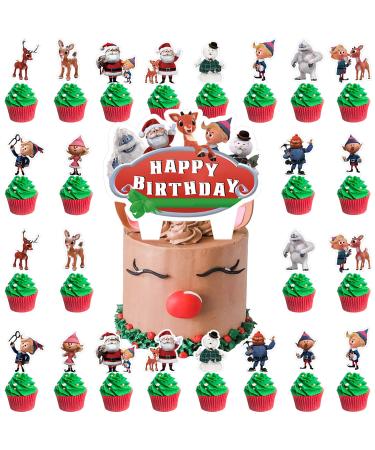 Rudolph the Red Nosed Reindeer Birthday Party Cake Topper 37Pcs Christmas Song-themed Birthday Party Supplies Cupcake Decorations for Kids