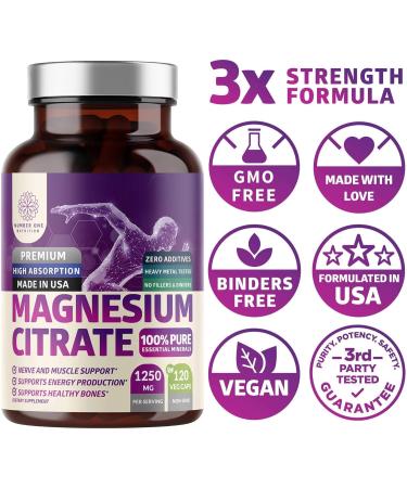 N1N Premium Magnesium Citrate Capsules 1250mg 120 Veg Caps - Sleep Aid, Muscle Cramp Relief, Bone Health, Energy Boost, Nerve Function - 100% Pure - 120 Count - Buy Online on GoSupps.com