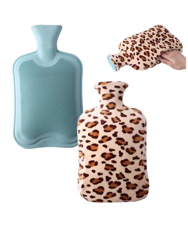 Hot Water Bottle with Fleece Cover 2 Liter Hot Water Bag for Pain Relief Premium Classic Rubber Leopard Print Water Bag for Hot Cold Therapy Back Pain Menstrual Cramps Great Gift for Girlfriend