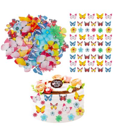 Caromoriber House 100 Pack Edible Butterfly Cupcake Toppers Wafer Paper Cake Dessert Toppers Edible Flowers and Butterflies for Cakes 3D Cake Butterfly Topper for for Birthday Party