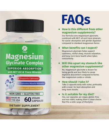 1 Body Magnesium Glycinate Complex High Absorption Magnesium Supplement for Calm Muscle Relaxation & Bone Health Support Vegan with MCT Oil & Trace Minerals Non-GMO 60 Capsules - Buy Online on GoSupps.com