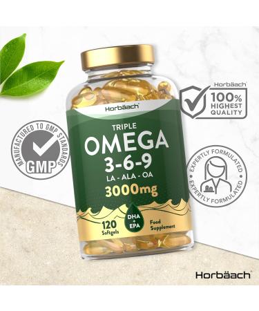 High Strength Omega 3 6 9 Capsules | 3000mg | 120 Softgels | Triple Omega 369 with EPA DHA & ALA | Fish Oil Flaxseed Sunflower | Horbaach - Buy Online on GoSupps.com