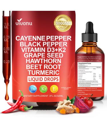 12-in-1 Cayenne Pepper Drops Supplement Liquid 3000mg + 10:1 Liposomal Tech with Berberine Ceylon Cinnamon Hawthorn Berry Vitamin D3 K2 E Beet Root Turmeric Black Pepper Grape Seed Extract