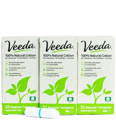 Veeda GMO-Free 100% Natural Cotton Applicator-Free Compact Regular Tampons, Chlorine, Toxin, Pesticide, Fragrance, Synthetics and Dye Free, Unscented, 32 Count 32 Count (Pack of 3)