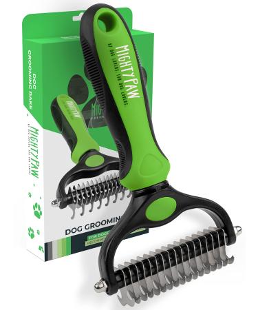 Mighty Paw Dog Grooming Brush | Pet Undercoat Dematting Rake with Rounded Teeth. Dog Comb for Detangling, Thinning, & Deshedding All Hair Types. Tool for Long Haired Shedding Dogs (Green)